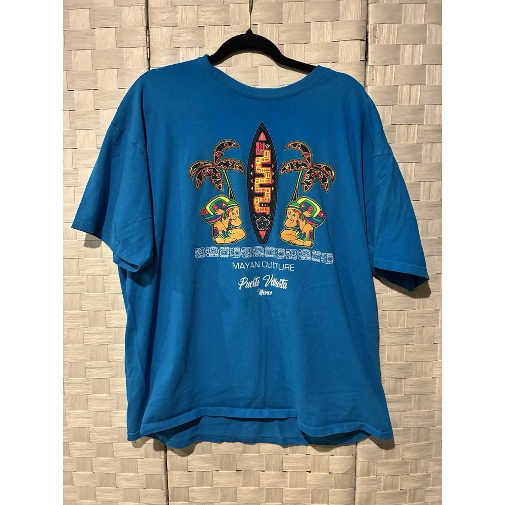 Puerto Vallarta Mexico Mayan Culture Graphic T Shirt Men's XXL Blue 100% Cotton